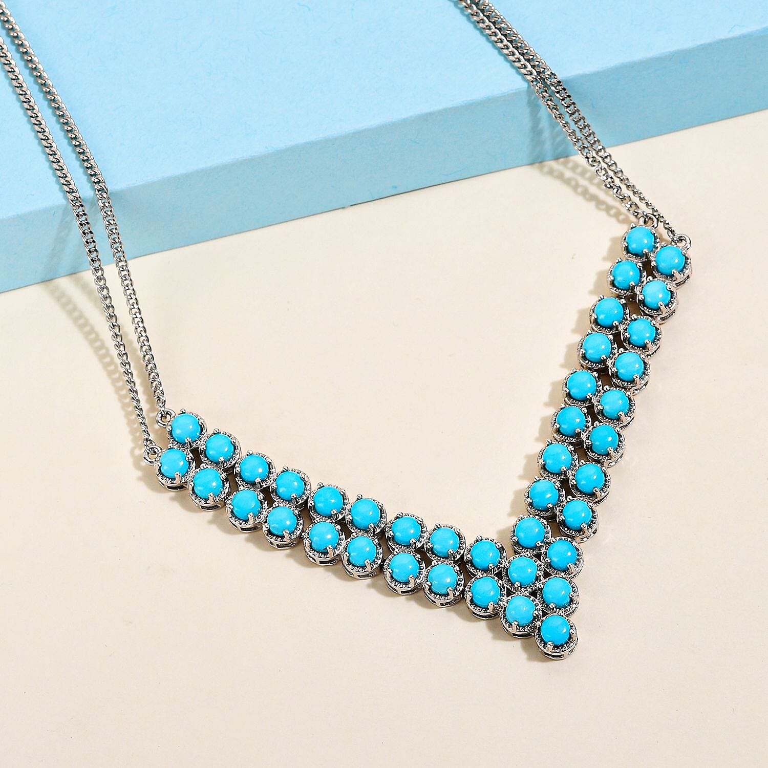 Arizona Sleeping Beauty Turquoise (Rnd) V Necklace (Size 18 with 2 Inch Extender) in Platinum Overlay Sterling Silver 11.00 Ct, Silver wt 22.91 Gms