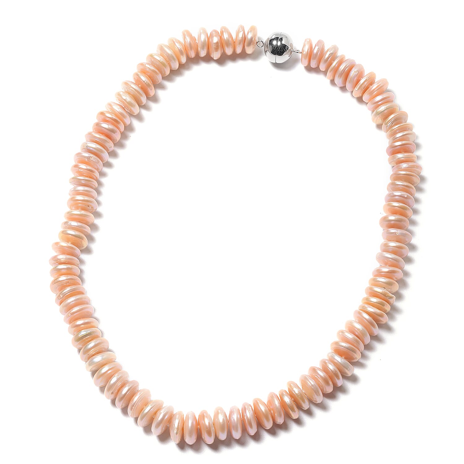 Peach Freshwater Coin Pearl Necklace (Size 20) in Rhodium Overlay Sterling Silver with Magnetic Lock