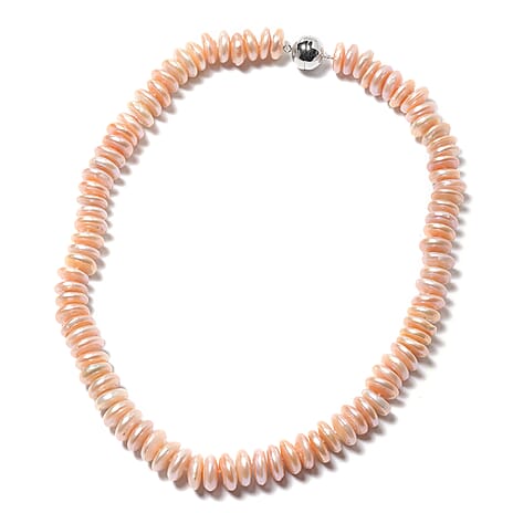 Peach Freshwater Coin Pearl Necklace (Size 20) in Rhodium Overlay Sterling Silver with Magnetic Lock