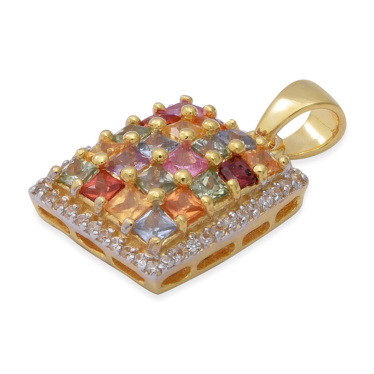 Rainbow Sapphire (Sqr), Natural Cambodian Zircon Pendant in Yellow Gold Overlay Sterling Silver 2.92 Ct.
