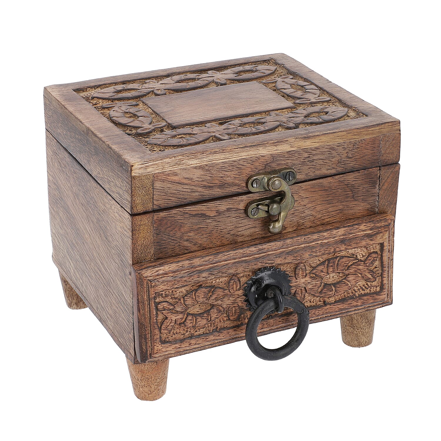 Mango Wood Antique Burnt Finish Carved 2-Tier Box with Drawer (Size 20x20x6cm)