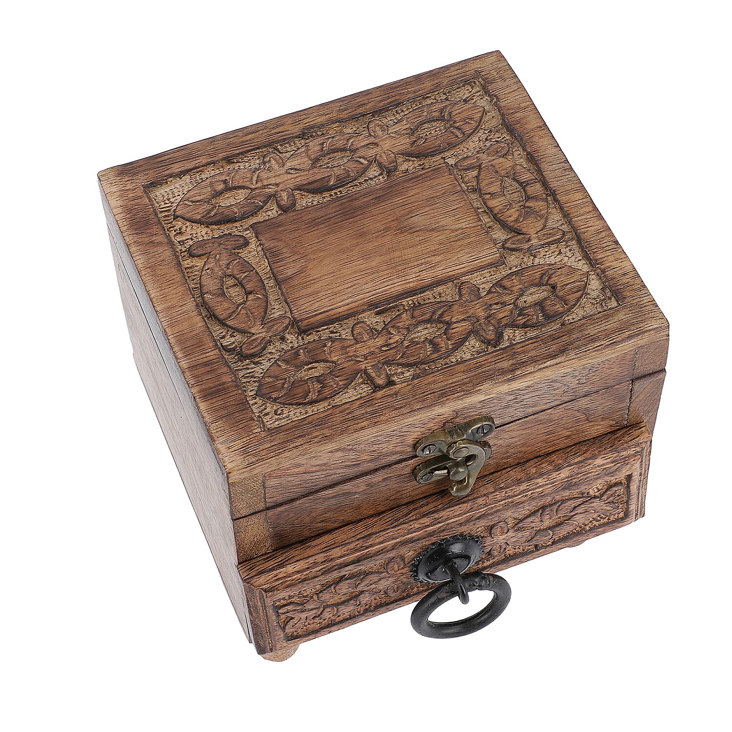 Mango Wood Antique Burnt Finish Carved 2-Tier Box with Drawer (Size 20x20x6cm)