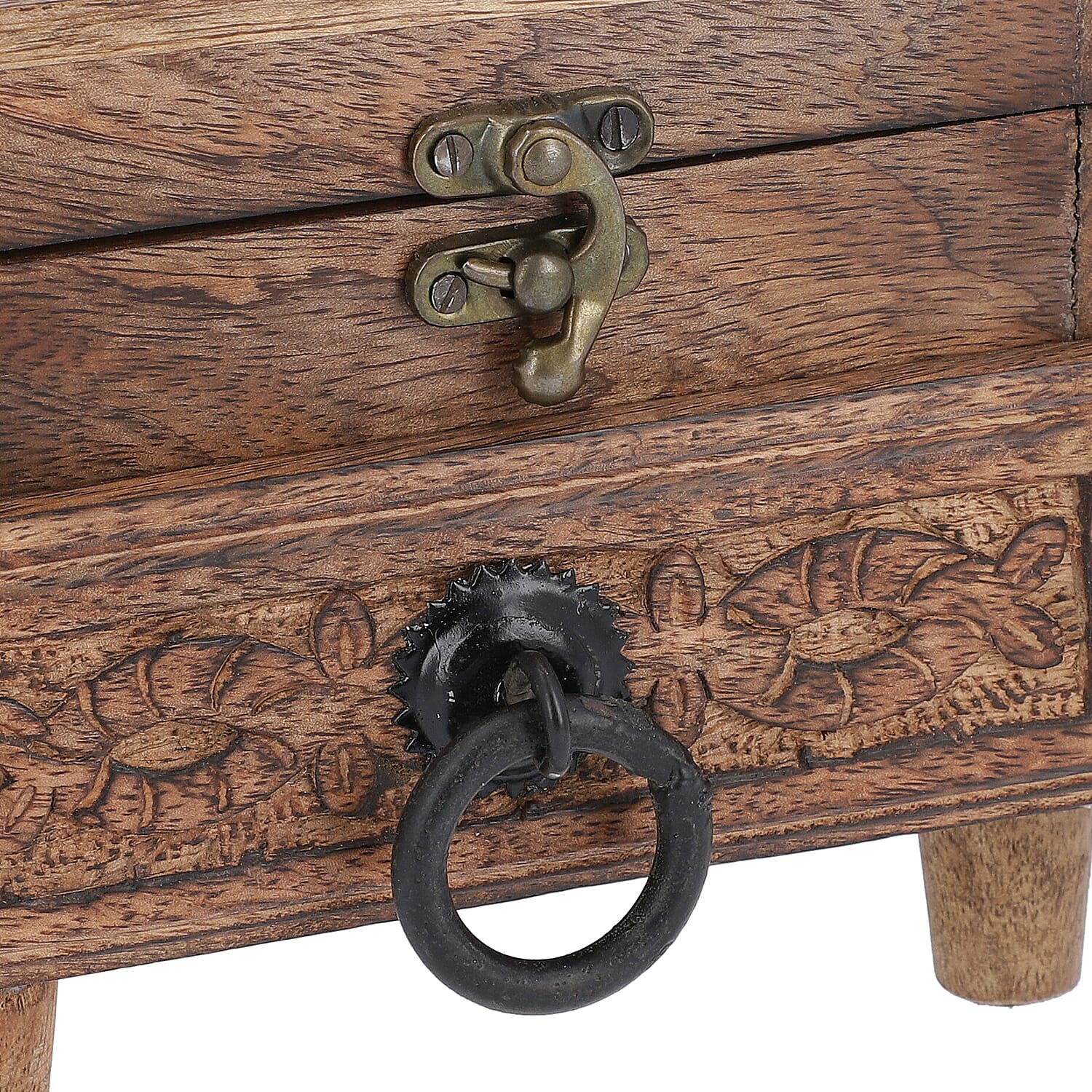 Mango Wood Antique Burnt Finish Carved 2-Tier Box with Drawer (Size 20x20x6cm)