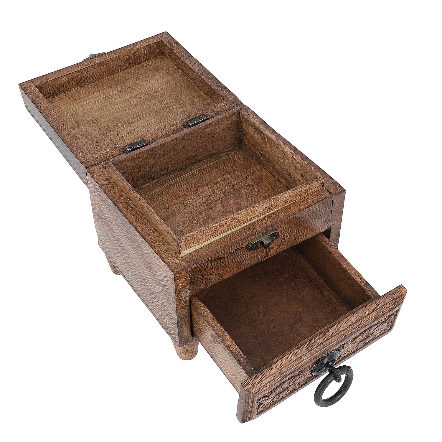 Mango Wood Antique Burnt Finish Carved 2-Tier Box with Drawer (Size 20x20x6cm)