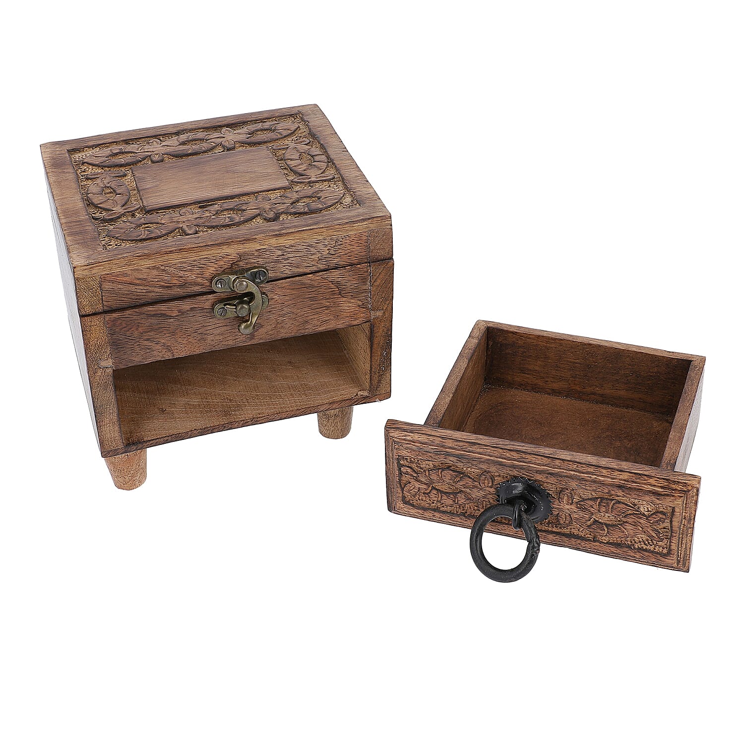 Mango Wood Antique Burnt Finish Carved 2-Tier Box with Drawer (Size 20x20x6cm)