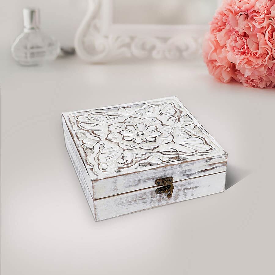 Mango Wood Antique Carving Work Jewellery Box (Size 15x14x14cm)