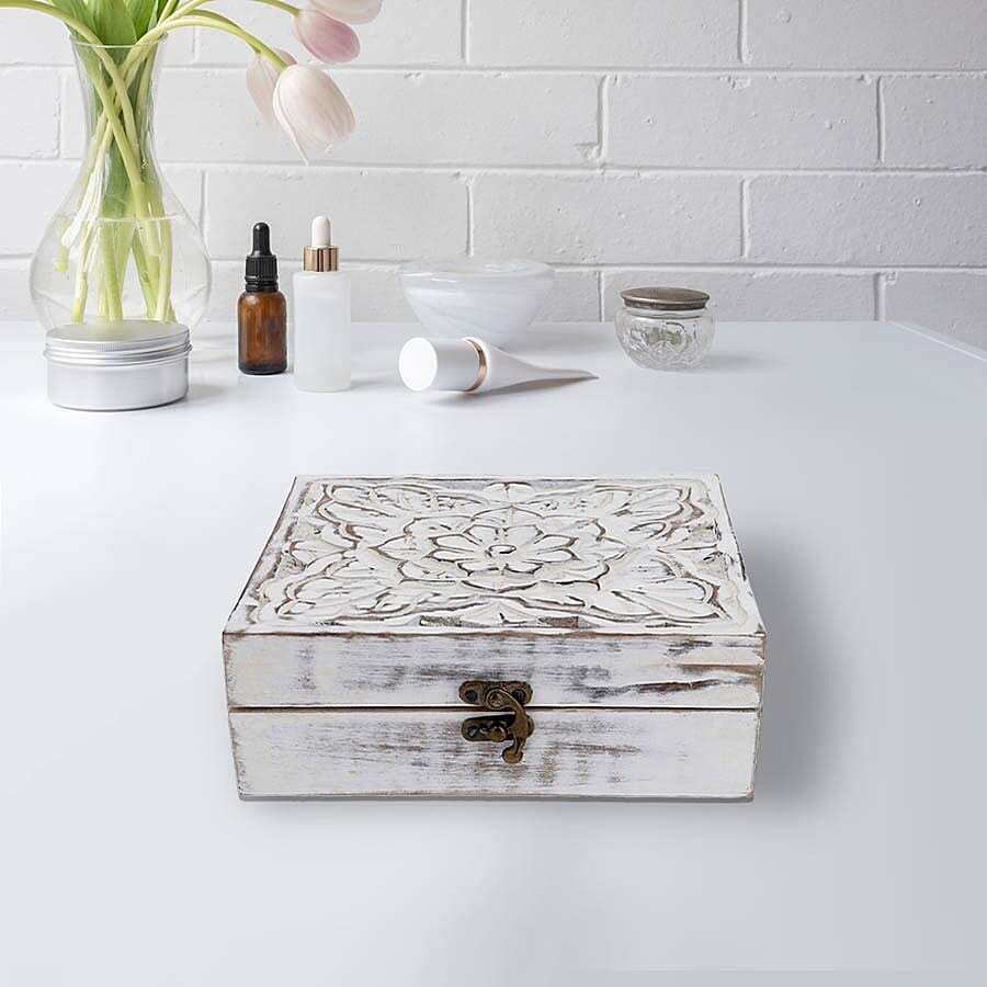 Mango Wood Antique Carving Work Jewellery Box (Size 15x14x14cm)