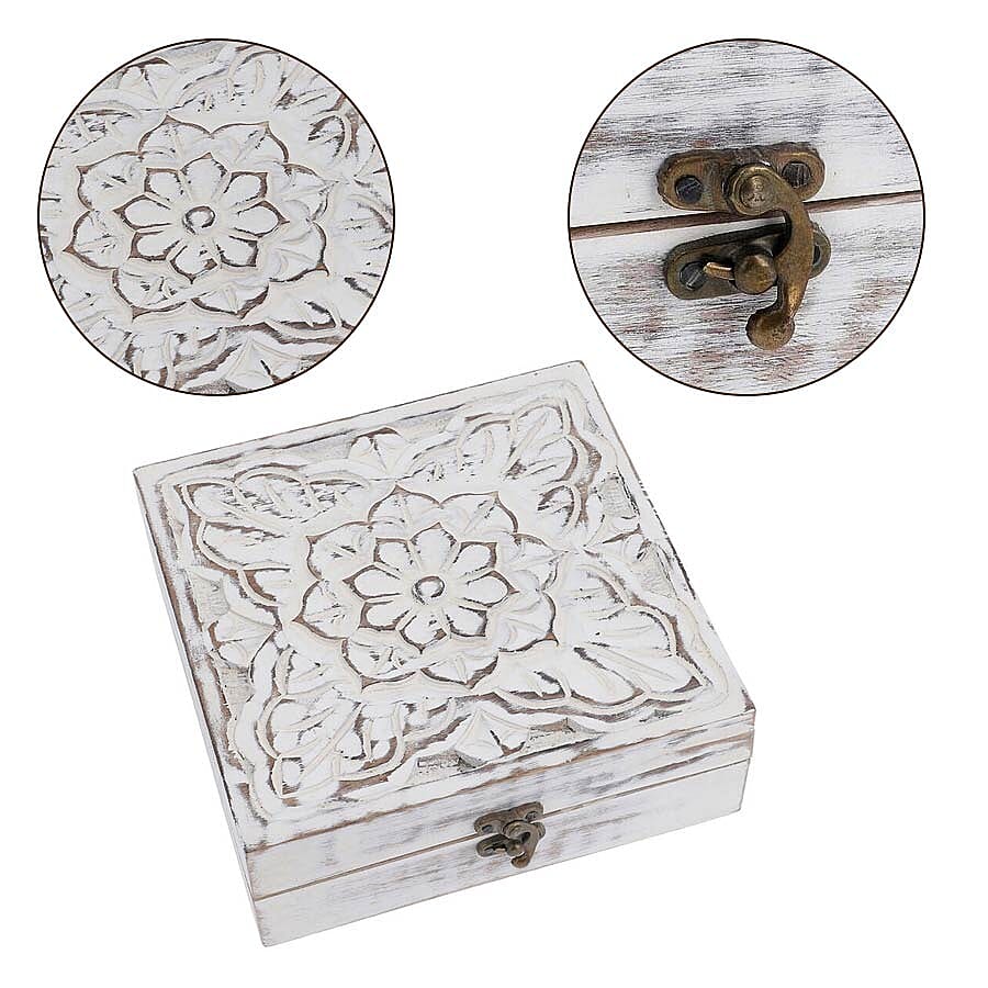 Mango Wood Antique Carving Work Jewellery Box (Size 15x14x14cm)