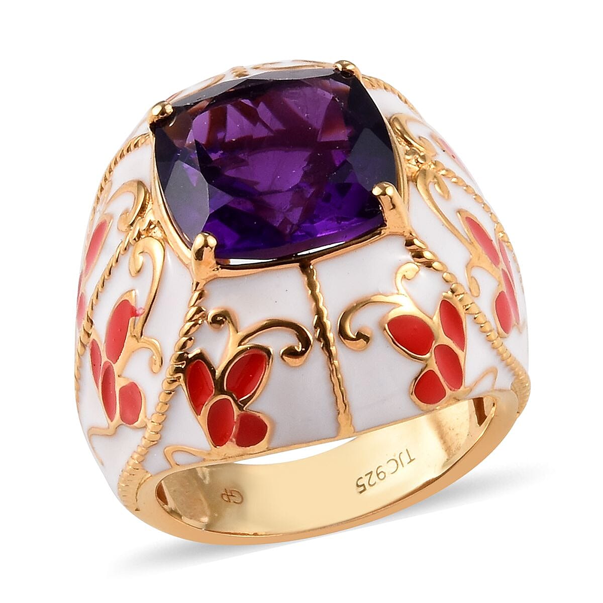 GP Amethyst (Cush 11x11mm), Blue Sapphire Enamelled Ring in 14K Gold Overlay Sterling Silver 5.28 Ct, Silver wt 10.50 Gms