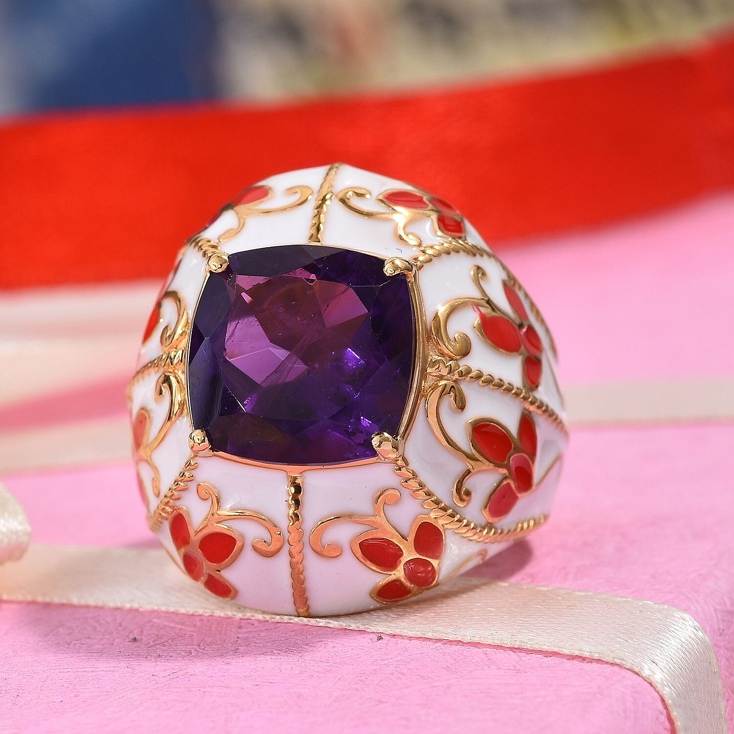 GP Amethyst (Cush 11x11mm), Blue Sapphire Enamelled Ring in 14K Gold Overlay Sterling Silver 5.28 Ct, Silver wt 10.50 Gms