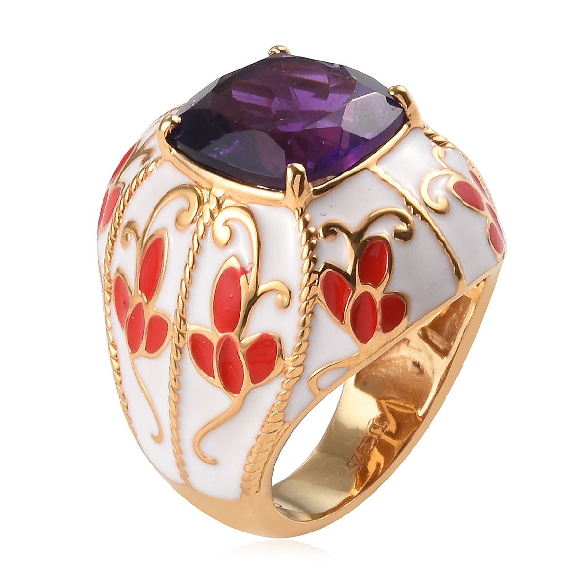 GP Amethyst (Cush 11x11mm), Blue Sapphire Enamelled Ring in 14K Gold Overlay Sterling Silver 5.28 Ct, Silver wt 10.50 Gms