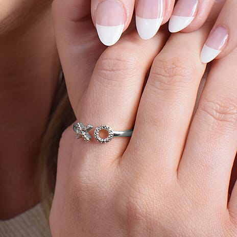 Diamond Hug and Kiss Ring in Platinum Overlay Sterling Silver