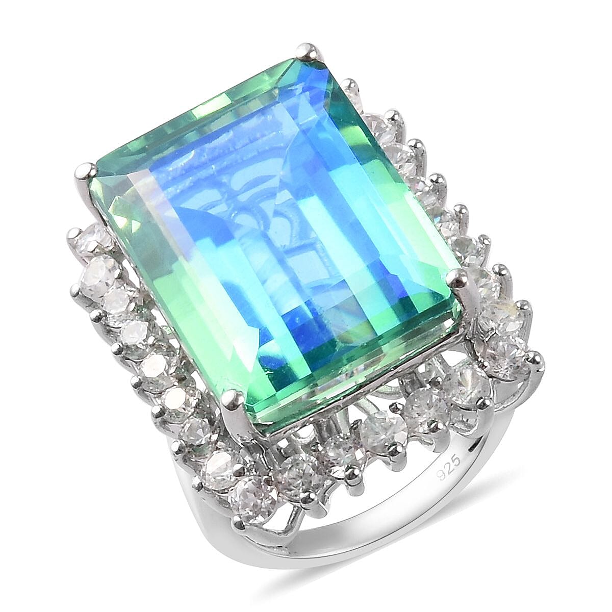Peacock Quartz (Oct 20x15mm), Natural Cambodian Zircon Ring in Platinum Overlay Sterling Silver 26.00 Ct, Silver wt 7.14 Gms