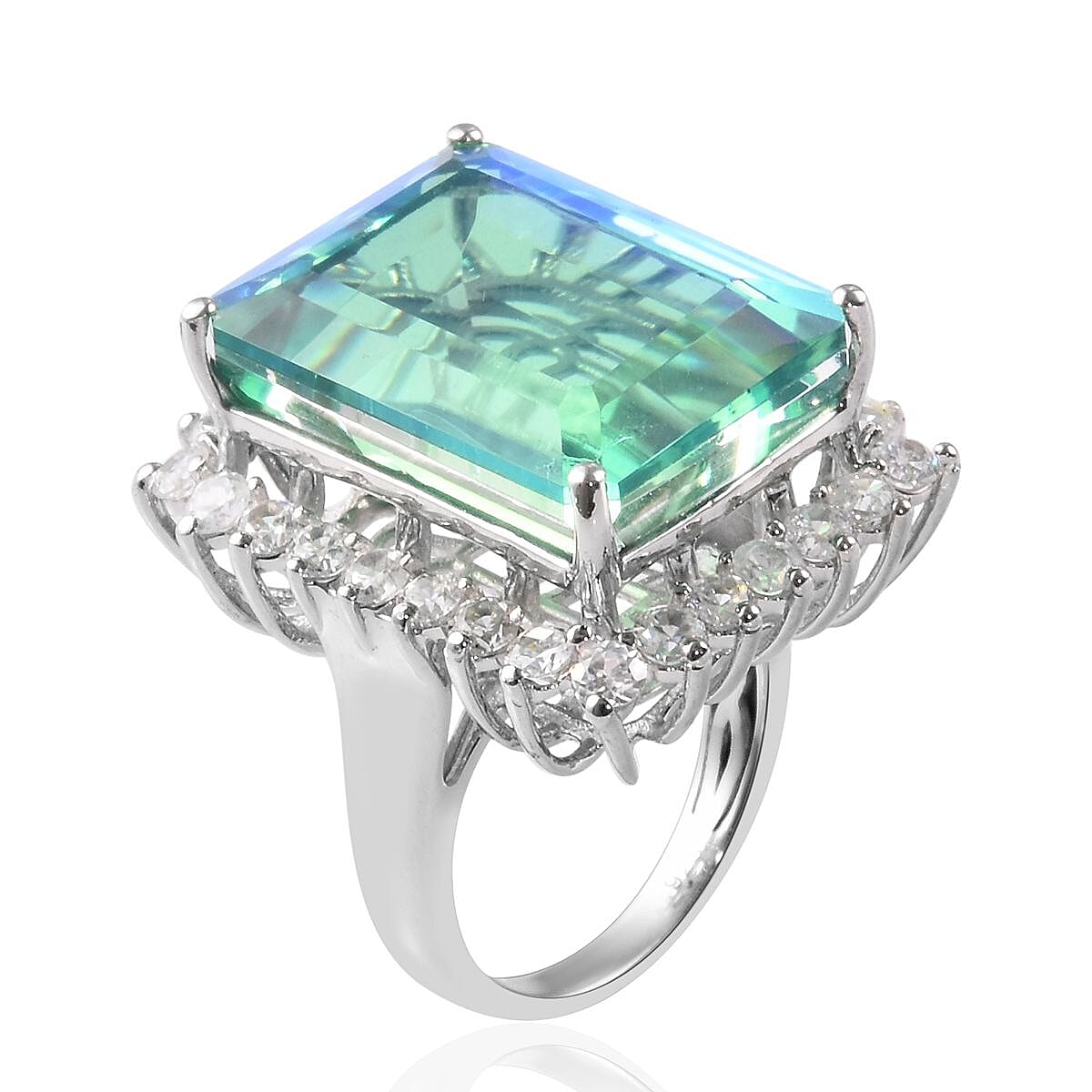 Peacock Quartz (Oct 20x15mm), Natural Cambodian Zircon Ring in Platinum Overlay Sterling Silver 26.00 Ct, Silver wt 7.14 Gms