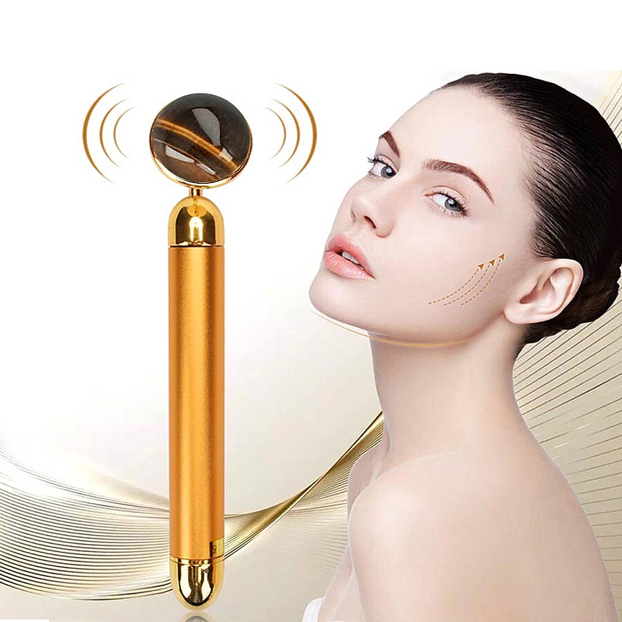 4-in-1 Tigers Eye Facial Roller - Gold Plated Interchangeable Heads (Incl. Tigers Eye, T-Shaped and Drip-Shaped Face Lift, Circle Eye Massager Head) (1xAA Battery not included)