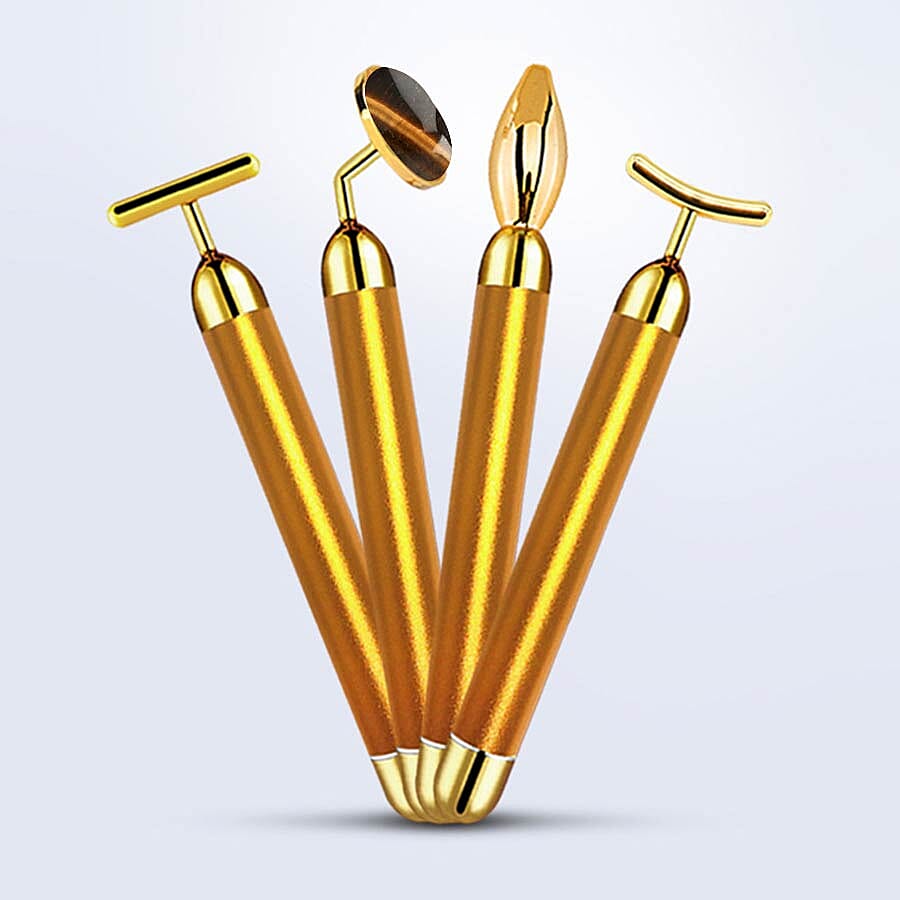 4-in-1 Tigers Eye Facial Roller - Gold Plated Interchangeable Heads (Incl. Tigers Eye, T-Shaped and Drip-Shaped Face Lift, Circle Eye Massager Head) (1xAA Battery not included)