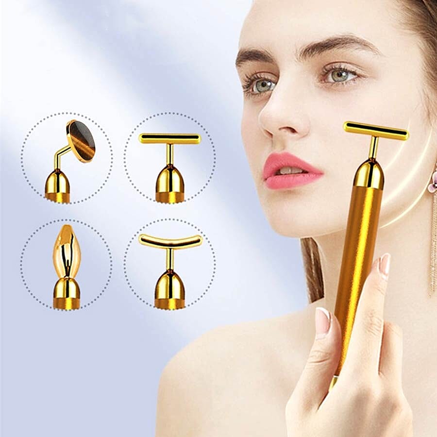 4-in-1 Tigers Eye Facial Roller - Gold Plated Interchangeable Heads (Incl. Tigers Eye, T-Shaped and Drip-Shaped Face Lift, Circle Eye Massager Head) (1xAA Battery not included)
