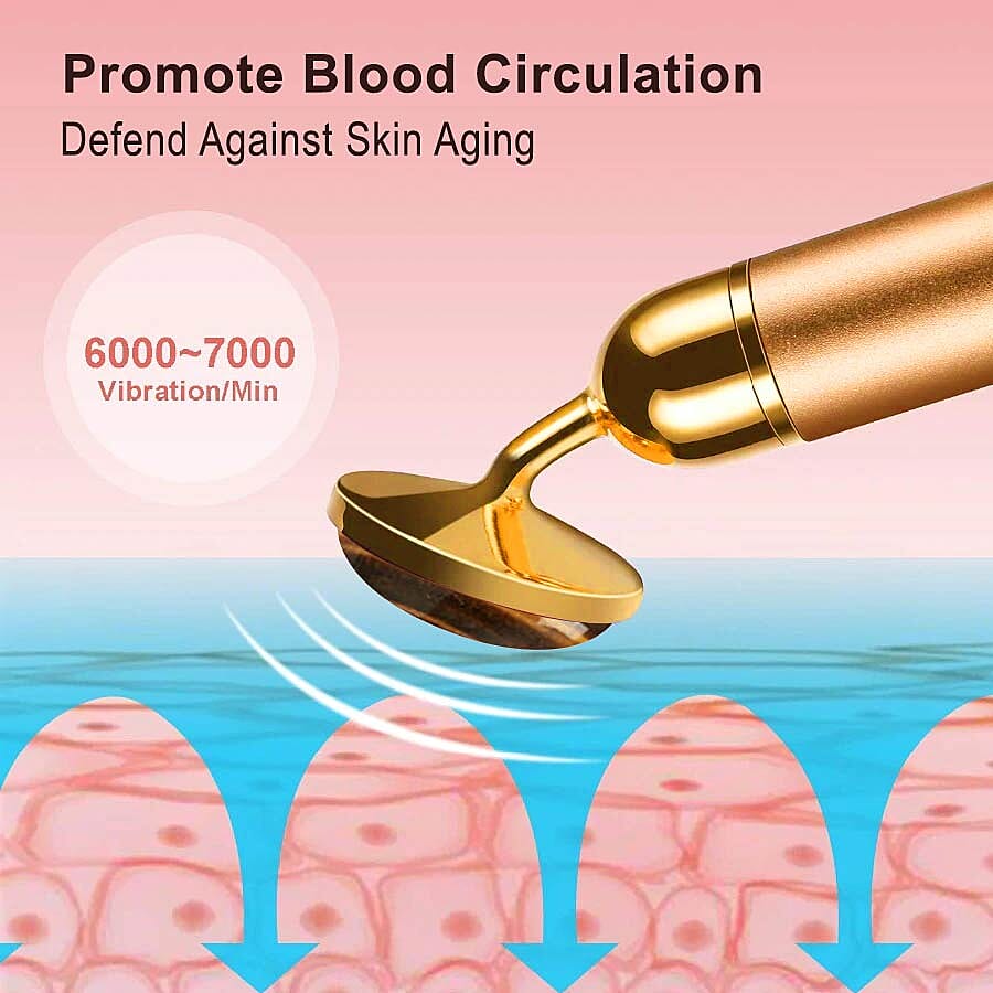 4-in-1 Tigers Eye Facial Roller - Gold Plated Interchangeable Heads (Incl. Tigers Eye, T-Shaped and Drip-Shaped Face Lift, Circle Eye Massager Head) (1xAA Battery not included)