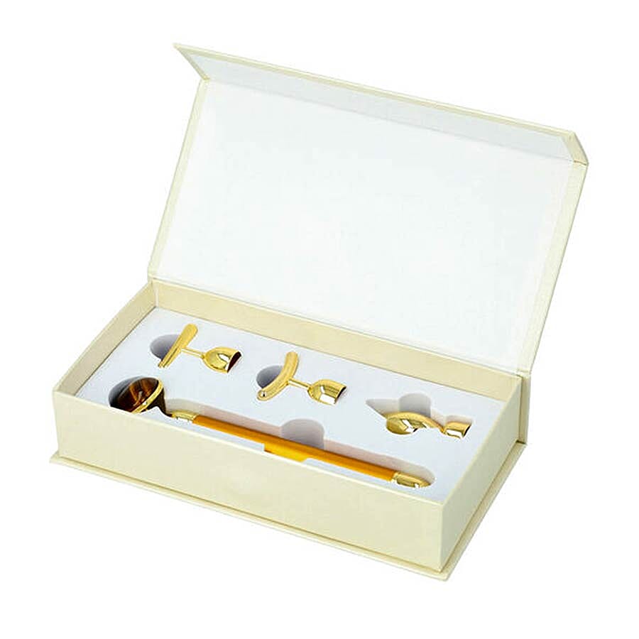 4-in-1 Tigers Eye Facial Roller - Gold Plated Interchangeable Heads (Incl. Tigers Eye, T-Shaped and Drip-Shaped Face Lift, Circle Eye Massager Head) (1xAA Battery not included)