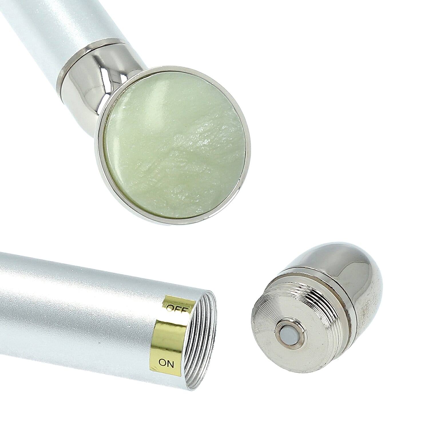 4-in-1 Green Jade Facial Roller - Silver Plated Interchangeable Heads (Incl. Green Jade, T-Shaped and Drip-Shaped Face Lift, Circle Eye Massager Head)  (1xAA Battery not included)