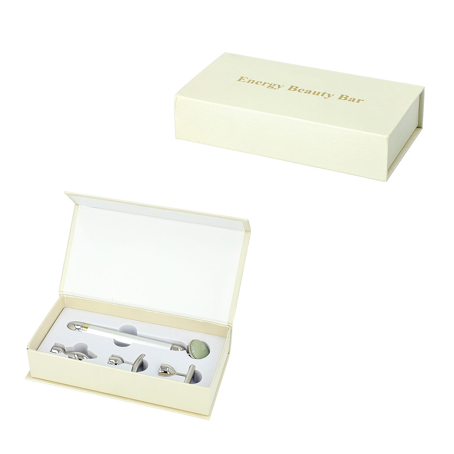 4-in-1 Green Jade Facial Roller - Silver Plated Interchangeable Heads (Incl. Green Jade, T-Shaped and Drip-Shaped Face Lift, Circle Eye Massager Head)  (1xAA Battery not included)