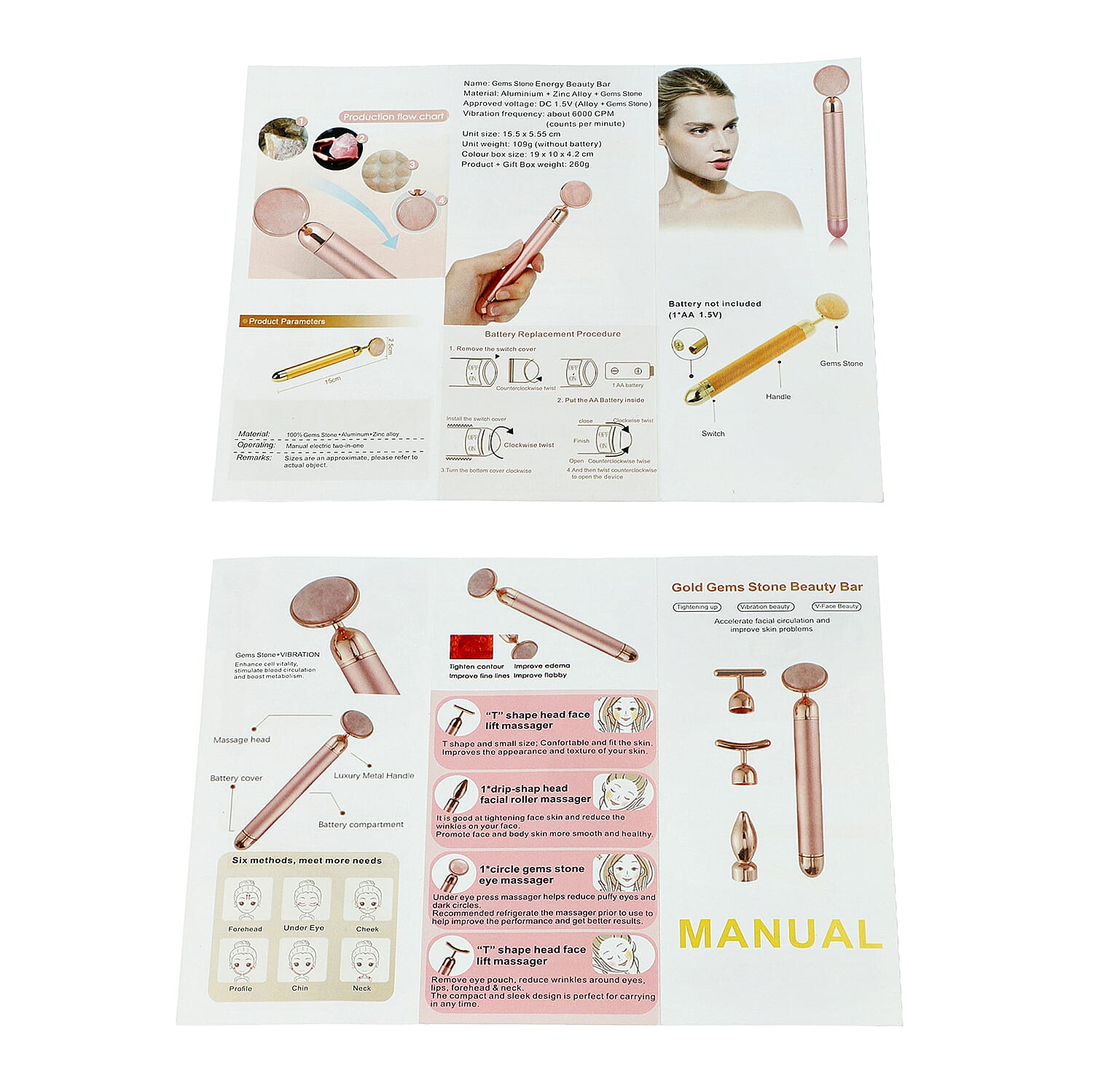 4-in-1 Green Jade Facial Roller - Silver Plated Interchangeable Heads (Incl. Green Jade, T-Shaped and Drip-Shaped Face Lift, Circle Eye Massager Head)  (1xAA Battery not included)