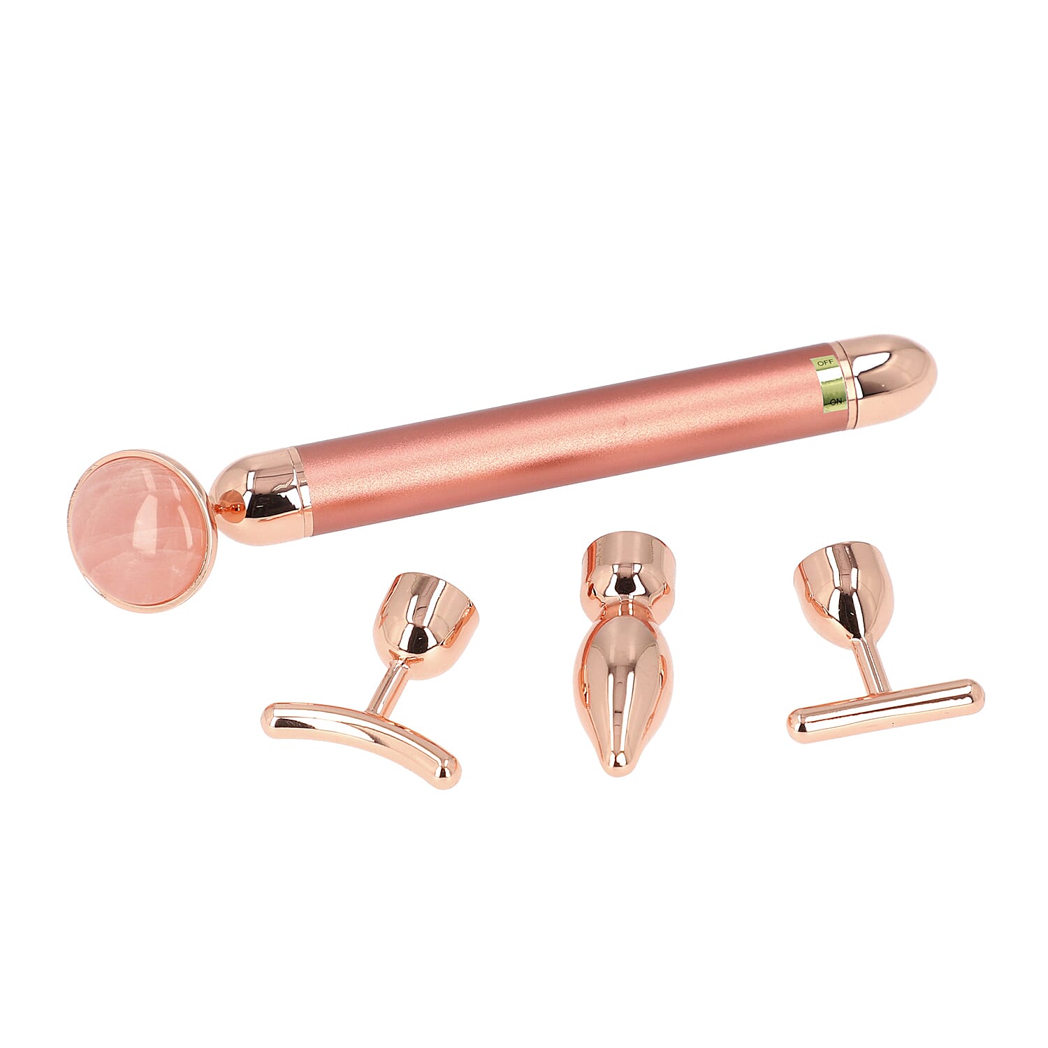 4-in-1 Rose Quartz Facial Roller - Rose Gold Plated Interchangeable Heads (Incl. Rose Quartz, T-Shaped and Drip-Shaped Face Lift, Circle Eye Massager Head) (1xAA Battery not included)