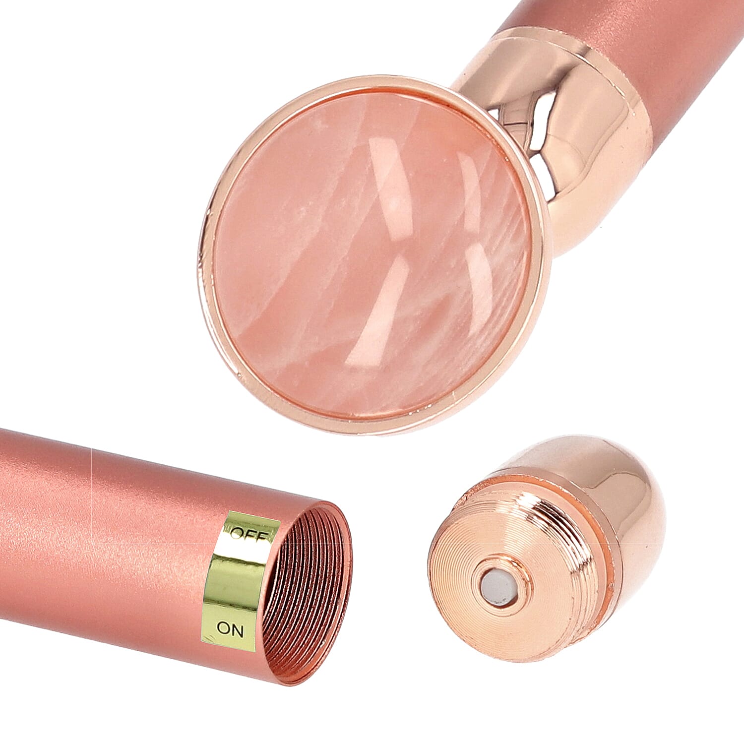 4-in-1 Rose Quartz Facial Roller - Rose Gold Plated Interchangeable Heads (Incl. Rose Quartz, T-Shaped and Drip-Shaped Face Lift, Circle Eye Massager Head) (1xAA Battery not included)