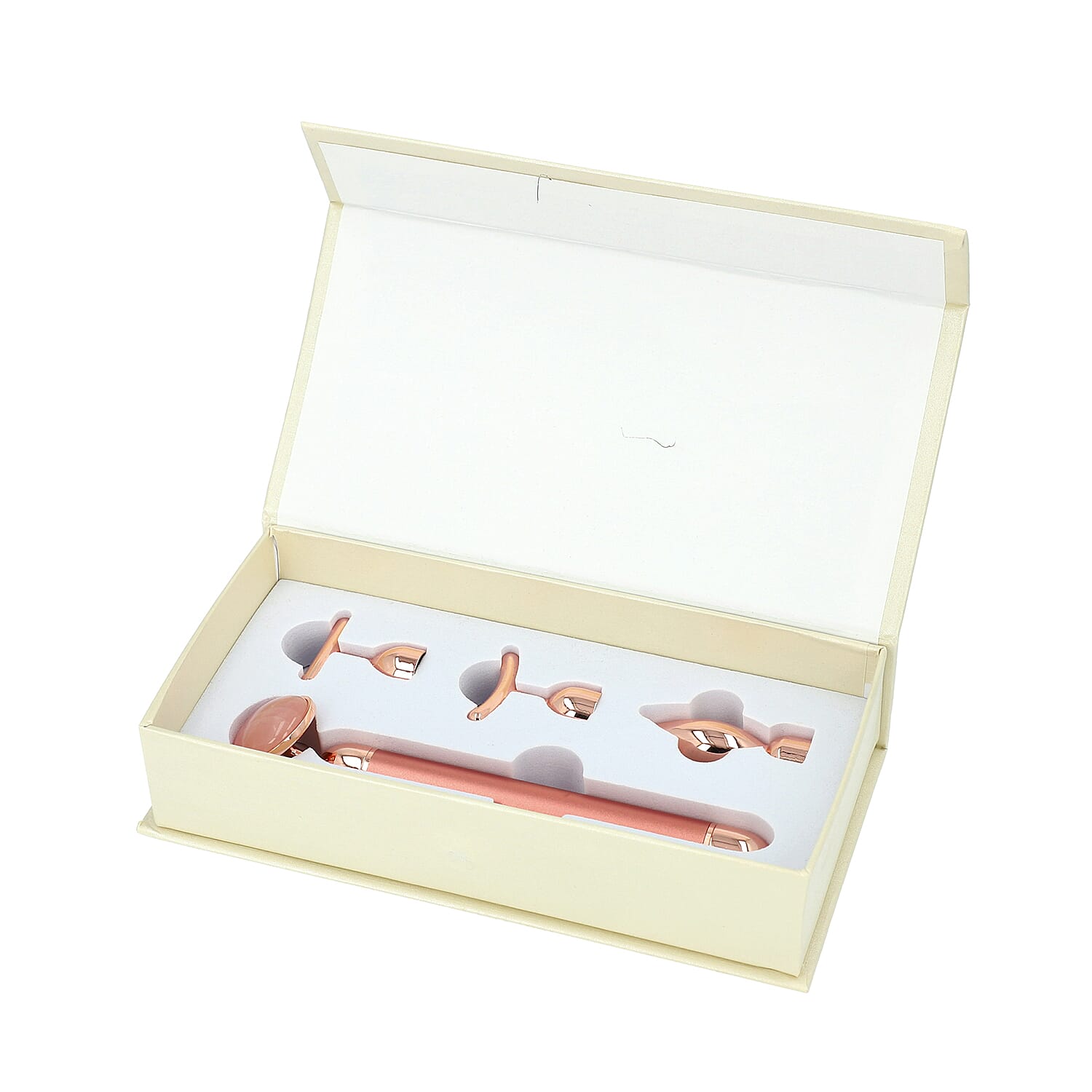 4-in-1 Rose Quartz Facial Roller - Rose Gold Plated Interchangeable Heads (Incl. Rose Quartz, T-Shaped and Drip-Shaped Face Lift, Circle Eye Massager Head) (1xAA Battery not included)