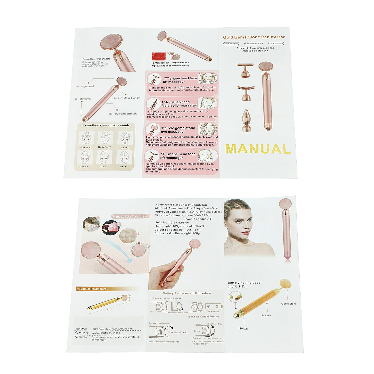 4-in-1 Rose Quartz Facial Roller - Rose Gold Plated Interchangeable Heads (Incl. Rose Quartz, T-Shaped and Drip-Shaped Face Lift, Circle Eye Massager Head) (1xAA Battery not included)