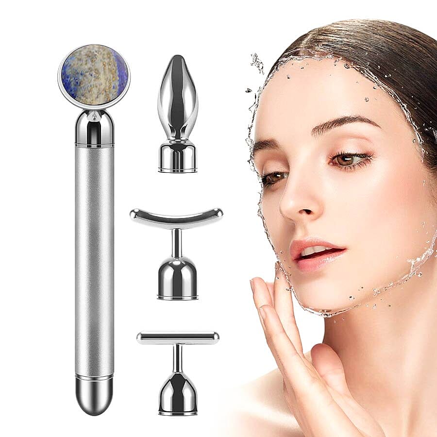 4-in-1 Lapis Facial Roller - Silver Plated Interchangeable Heads (Incl. Lapis, T-Shaped and Drip-Shaped Face Lift, Circle Eye Massager Head) (1xAA Battery not included)