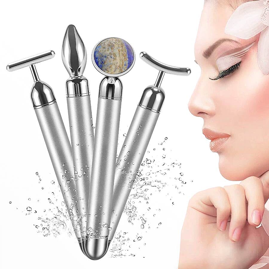 4-in-1 Lapis Facial Roller - Silver Plated Interchangeable Heads (Incl. Lapis, T-Shaped and Drip-Shaped Face Lift, Circle Eye Massager Head) (1xAA Battery not included)