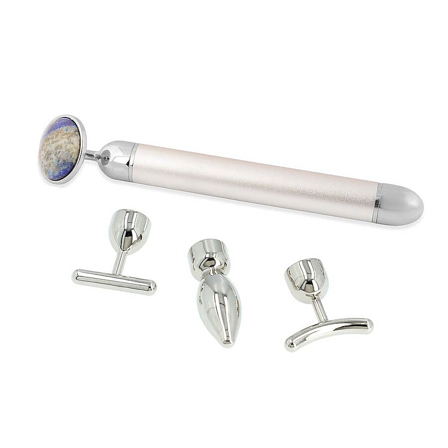 4-in-1 Lapis Facial Roller - Silver Plated Interchangeable Heads (Incl. Lapis, T-Shaped and Drip-Shaped Face Lift, Circle Eye Massager Head) (1xAA Battery not included)