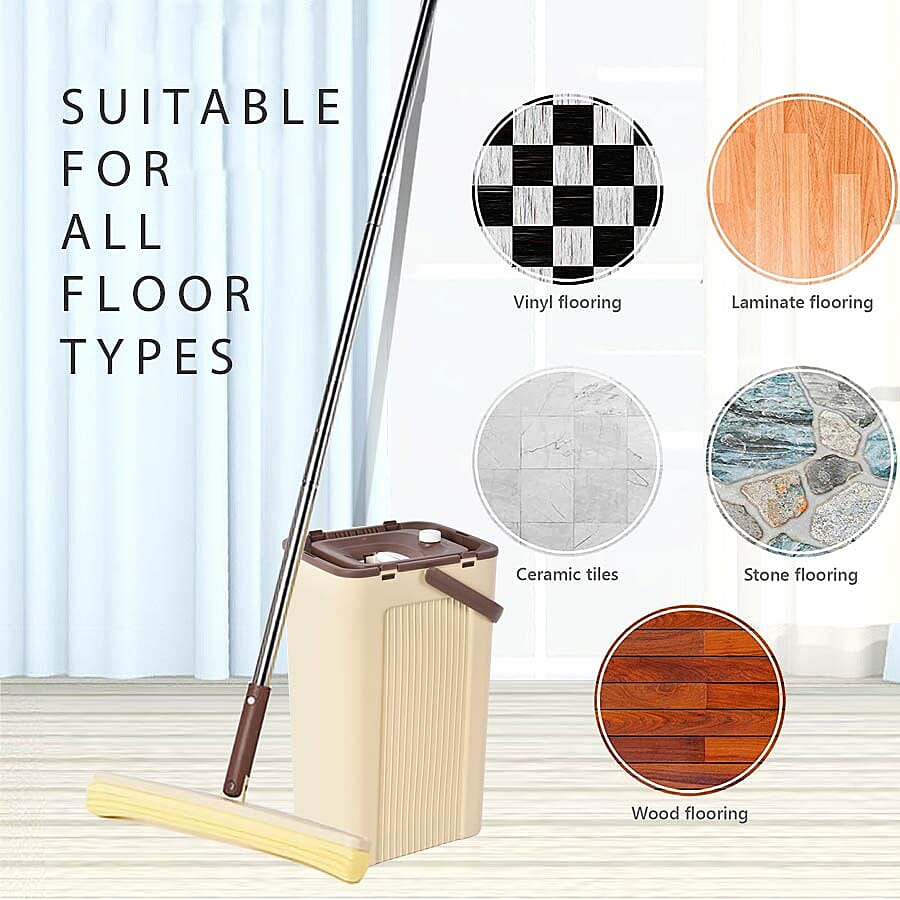 Magic Mop with Cleaning Bucket (Bucket Size 23x19x37.6 Cm),(Mop Size:140x33 Cm) - Brown