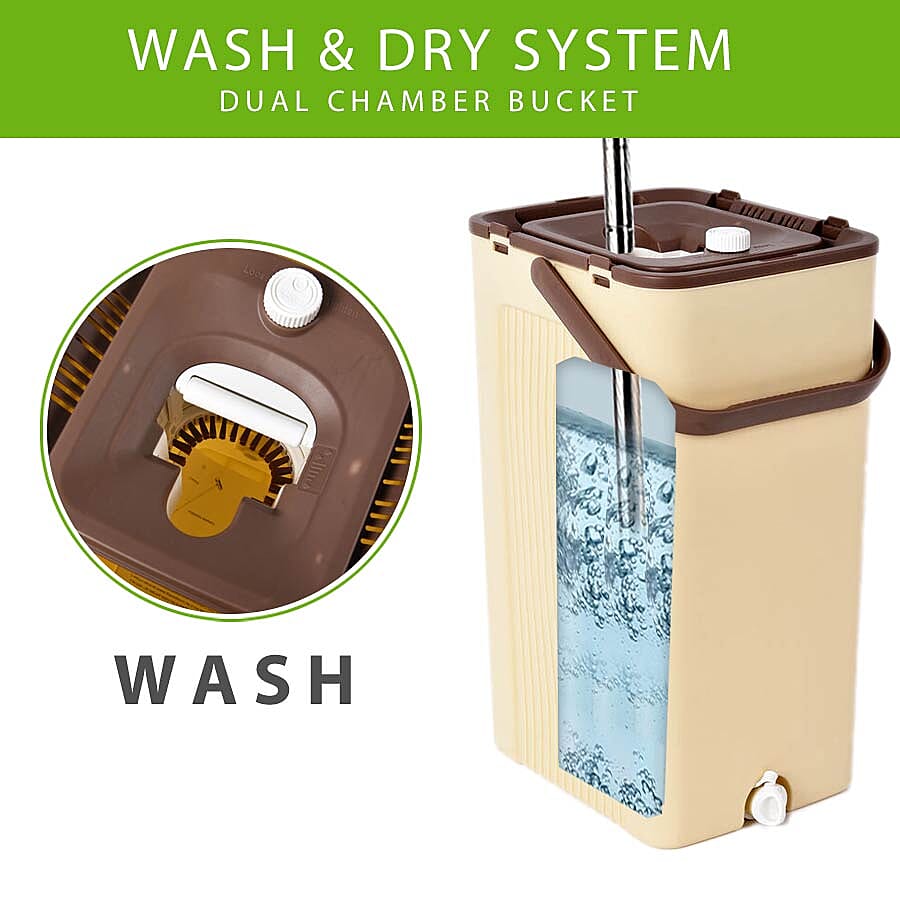 Magic Mop with Cleaning Bucket (Bucket Size 23x19x37.6 Cm),(Mop Size:140x33 Cm) - Brown