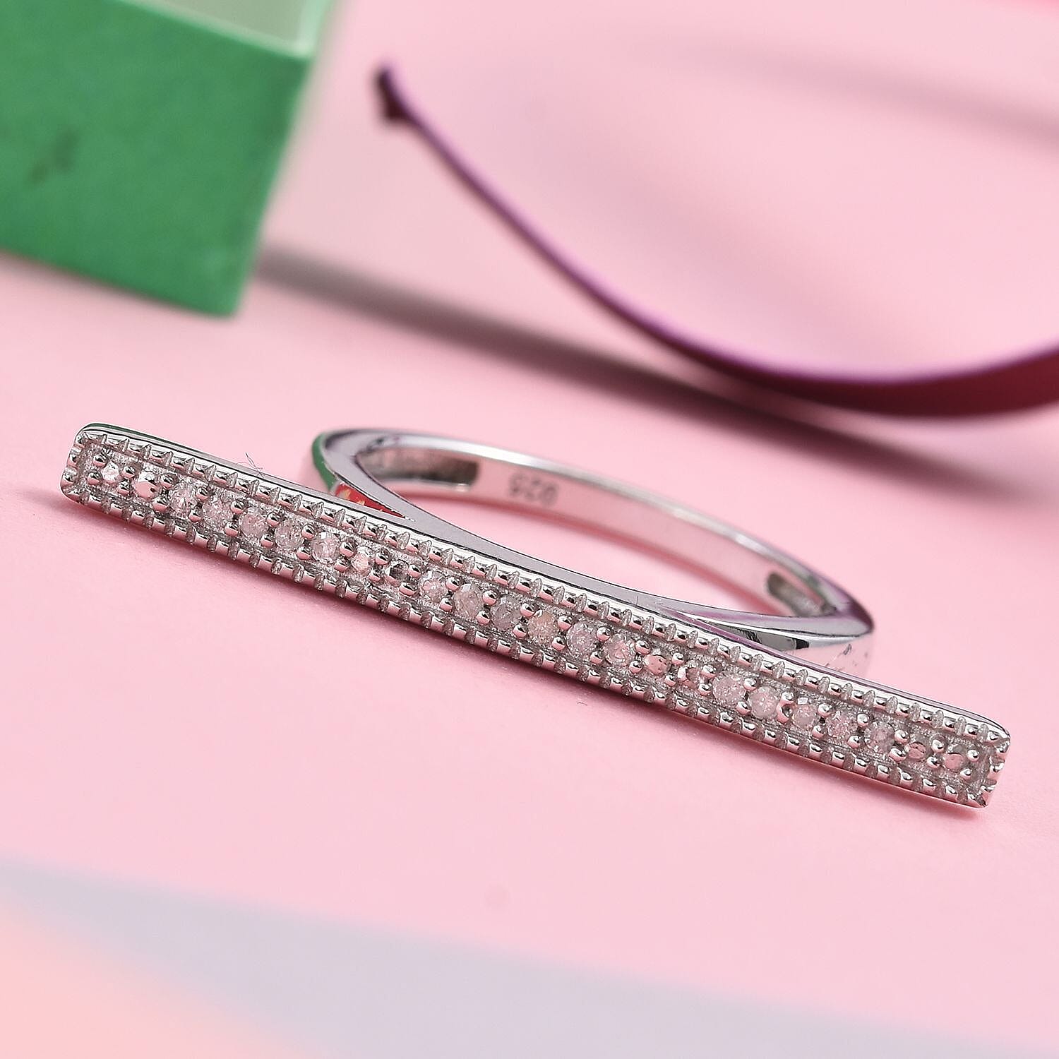 Diamond (Rnd) Bar Stacking Ring in Platinum Overlay Sterling Silver 0.100 Ct.