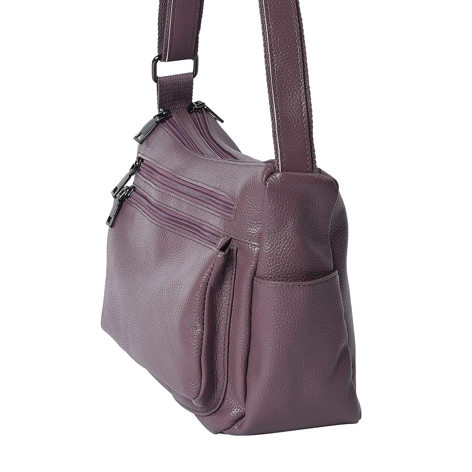 Limited Edition- 100% Genuine Leather Multi Pocket Crossbody Bag with Adjustable Shoulder Strap and Zipper Closure (Size 26x10x21 Cm) - Purple