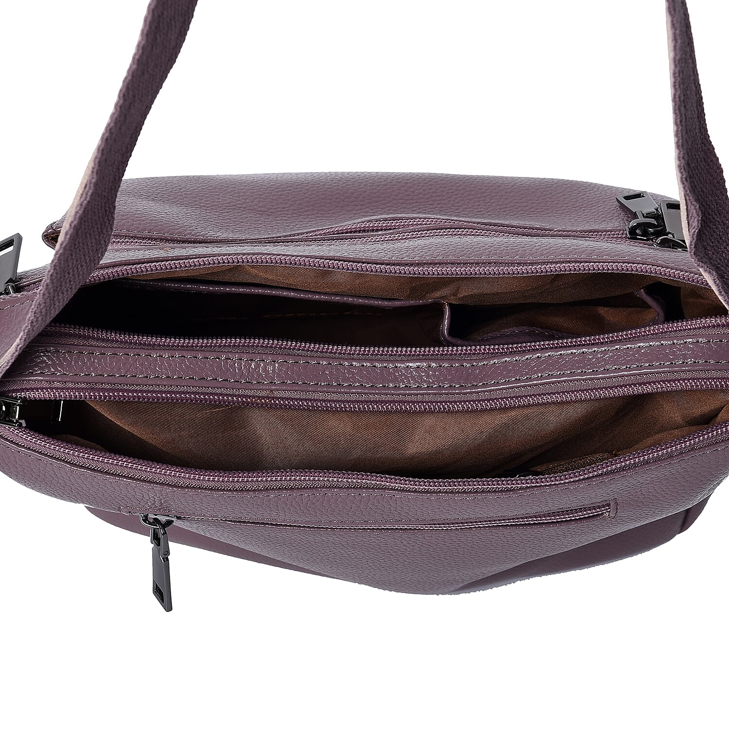Limited Edition- 100% Genuine Leather Multi Pocket Crossbody Bag with Adjustable Shoulder Strap and Zipper Closure (Size 26x10x21 Cm) - Purple
