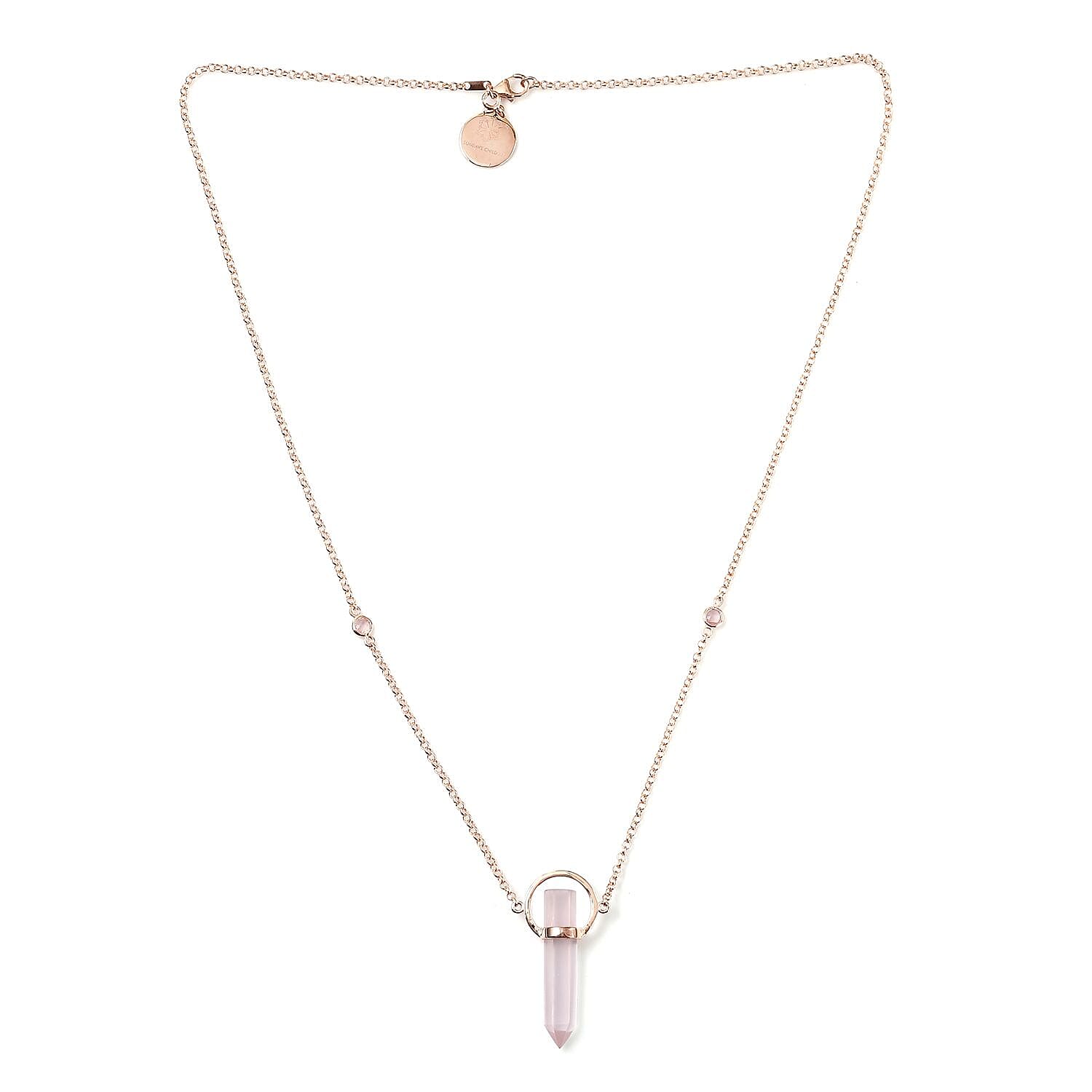 Sundays Child - Special Order - Rose Quartz Necklace (Size 26) with Charm in Rose Gold Overlay Sterling Silver 23.00 Ct, Silver Wt. 9.93 Gms