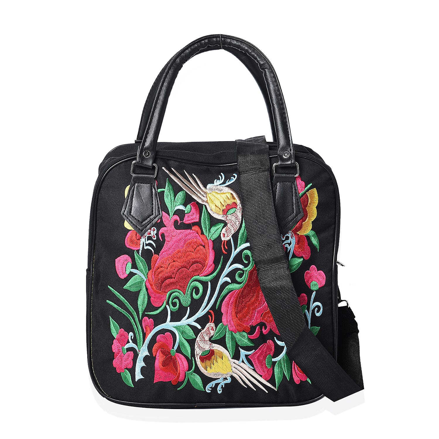 Embroidered Flower and Bird Pattern Tote Bag with Zipper Closure and Detachable Shoulder Strap (Size 30x30x15 Cm) - Black, Red and Multi