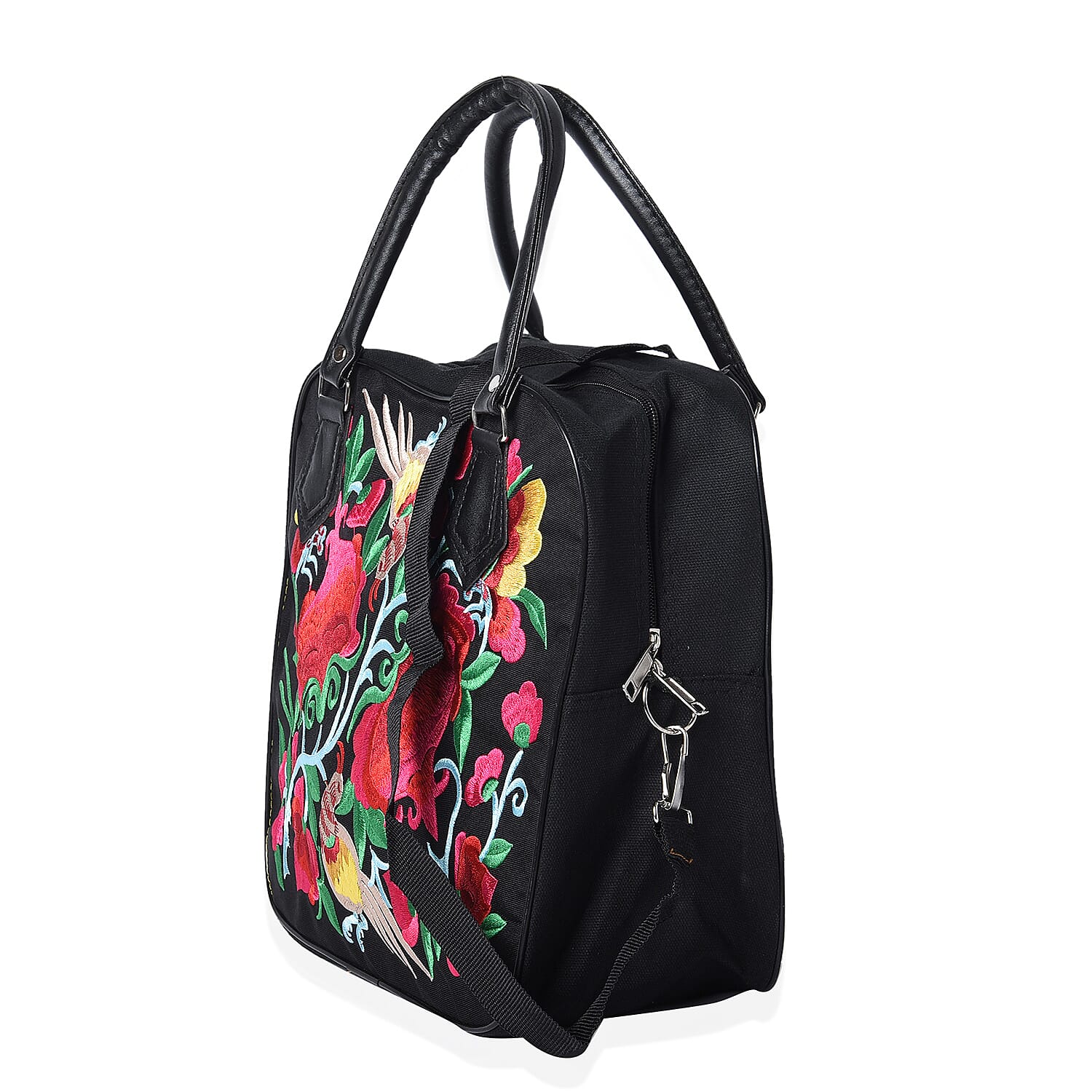 Embroidered Flower and Bird Pattern Tote Bag with Zipper Closure and Detachable Shoulder Strap (Size 30x30x15 Cm) - Black, Red and Multi