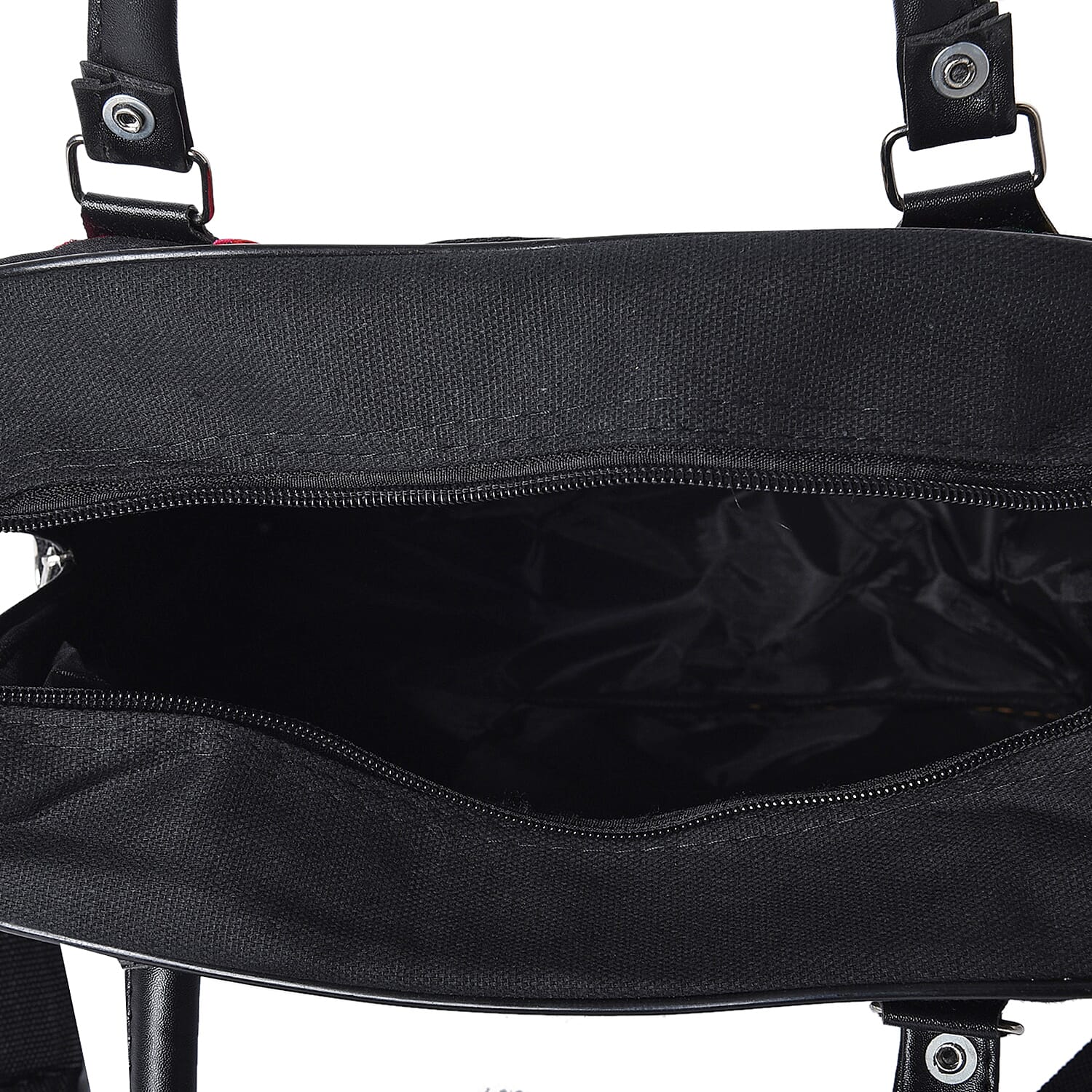 Embroidered Flower and Bird Pattern Tote Bag with Zipper Closure and Detachable Shoulder Strap (Size 30x30x15 Cm) - Black, Red and Multi