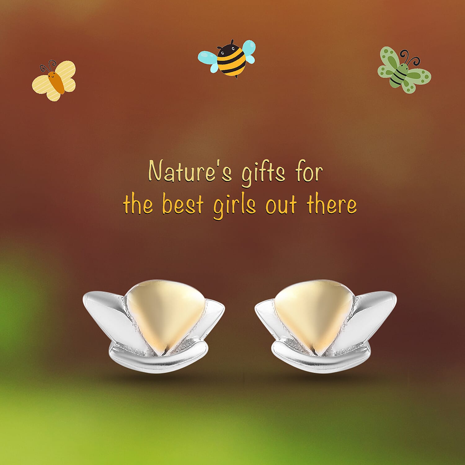 Butterfly Stud Earrings for Children in Platinum and Gold Plated Silver