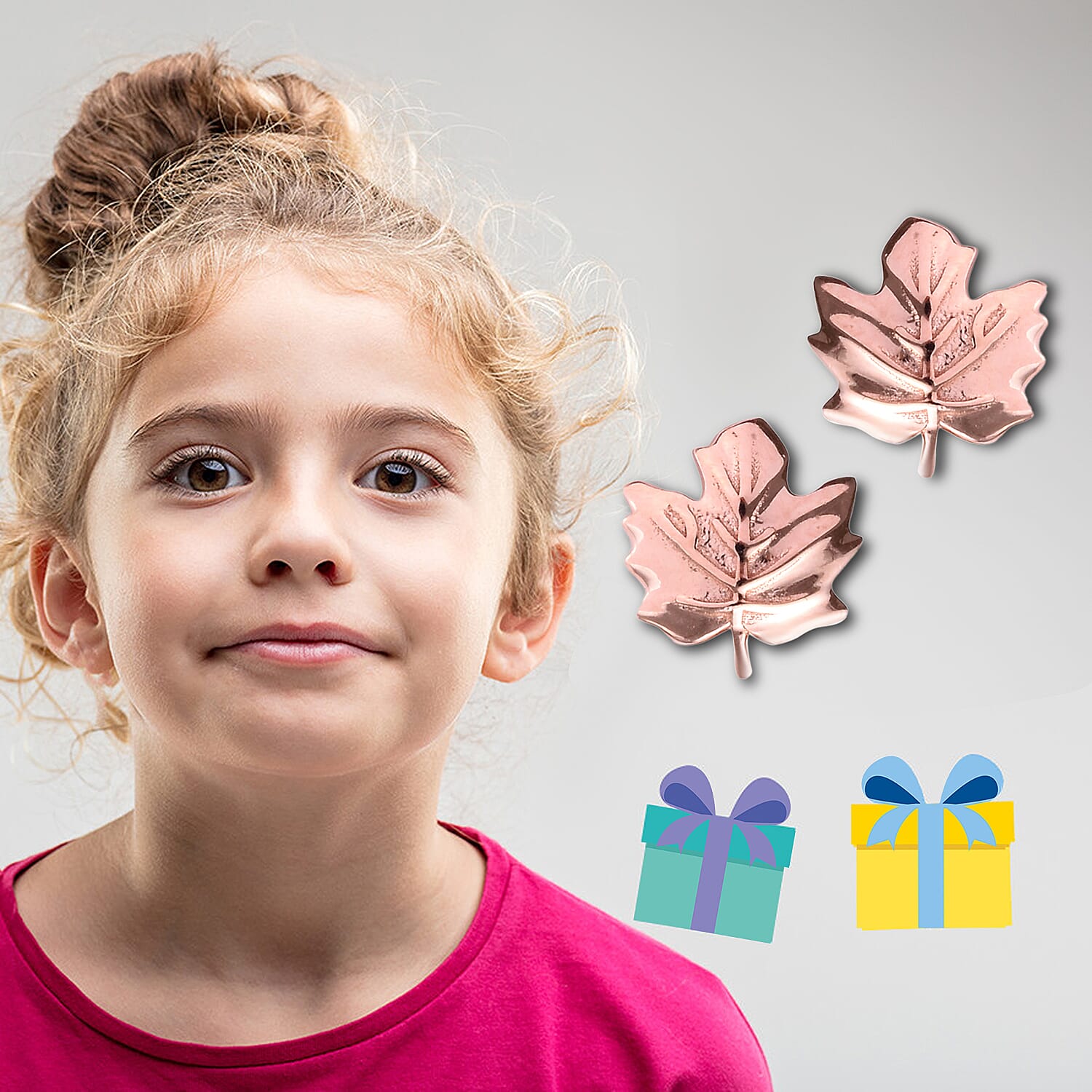 Maple Leaf Earrings for Kids in Rose Gold Plated Silver