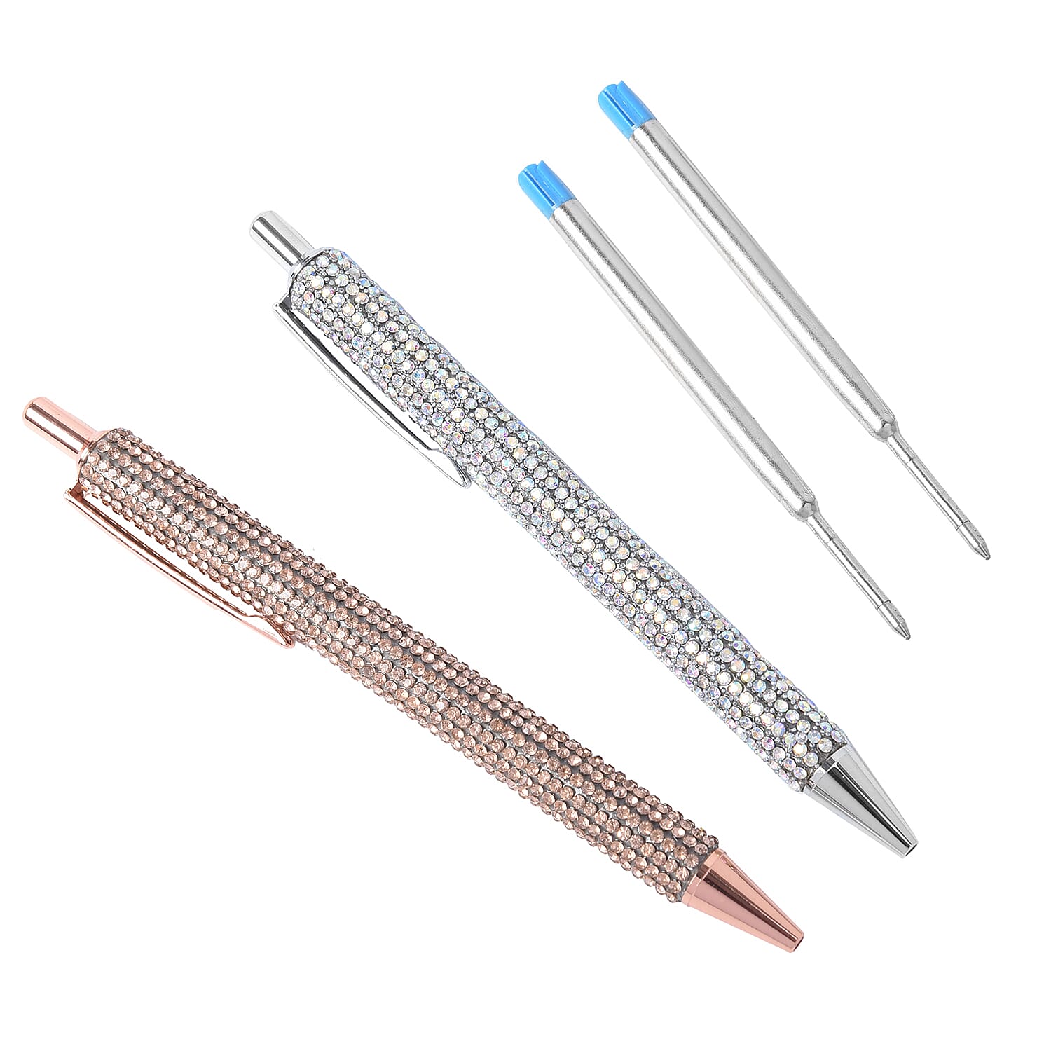 Rose Gold and Silver Colour Crystal Studded Ballpoint Pen with 2 Replacement Ink