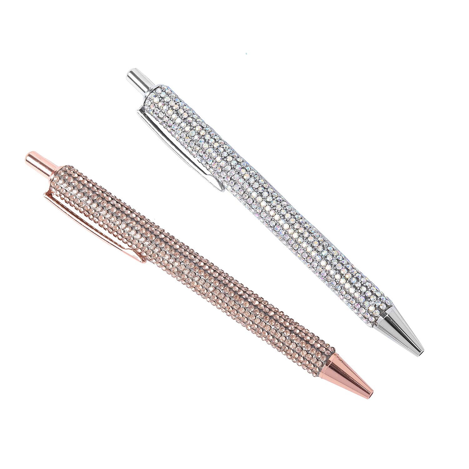 Rose Gold and Silver Colour Crystal Studded Ballpoint Pen with 2 Replacement Ink
