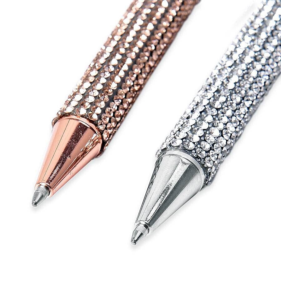 Rose Gold and Silver Colour Crystal Studded Ballpoint Pen with 2 Replacement Ink