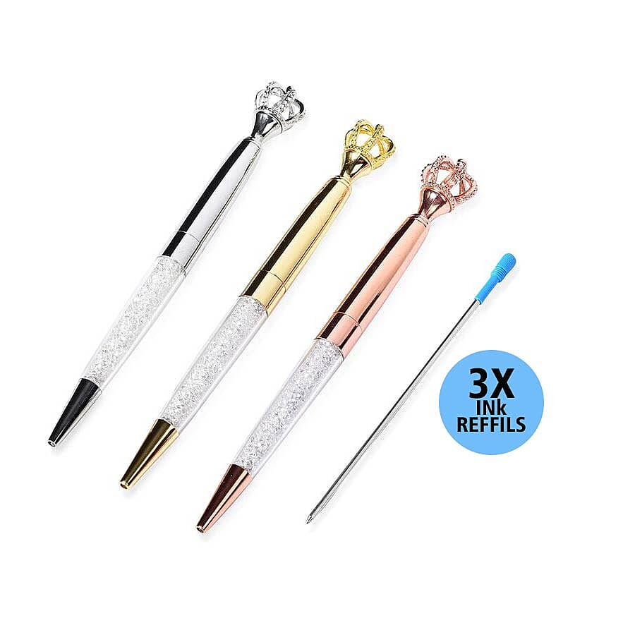 Set of 3 - Gold, Silver and Rose Gold Colour Crown Top Ballpoint Pen with 3 Replacement Ink