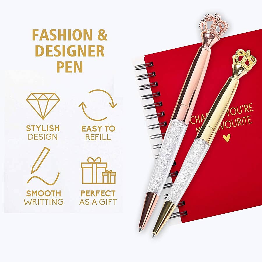 Set of 3 - Gold, Silver and Rose Gold Colour Crown Top Ballpoint Pen with 3 Replacement Ink