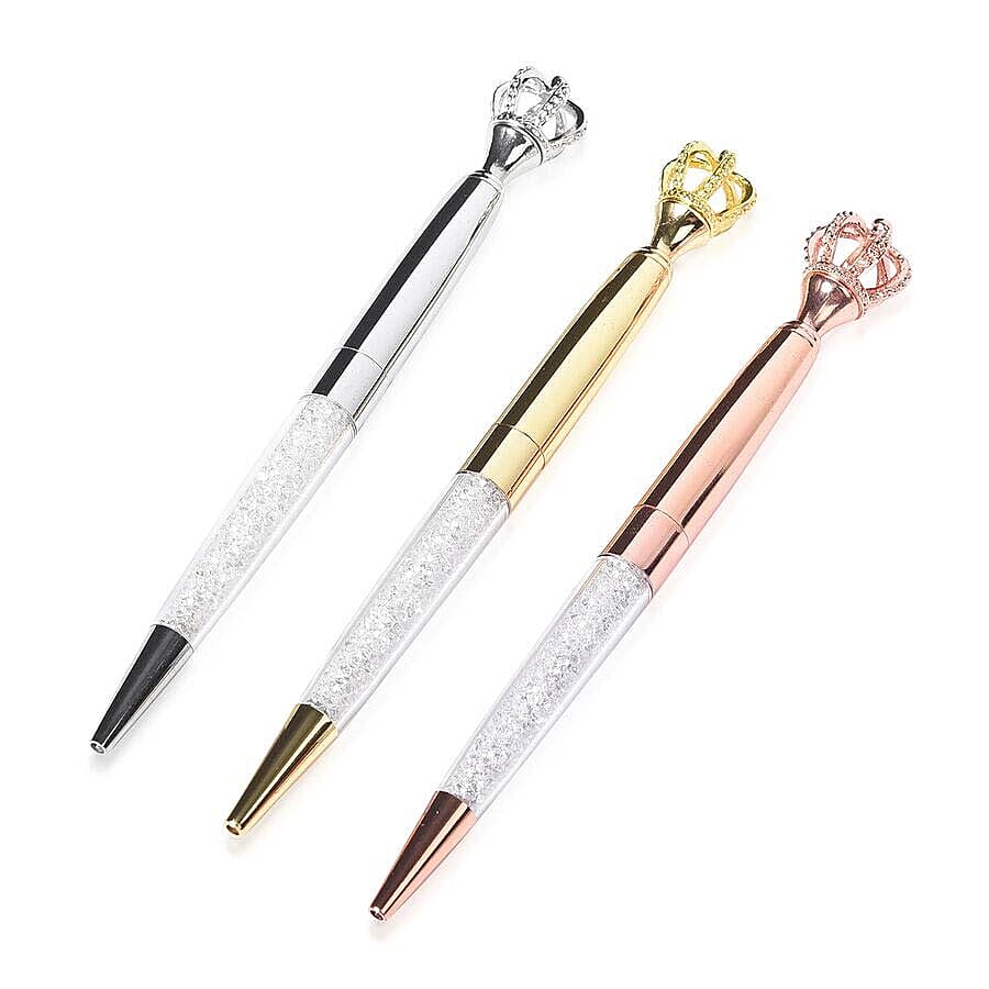 Set of 3 - Gold, Silver and Rose Gold Colour Crown Top Ballpoint Pen with 3 Replacement Ink